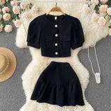 Korean Style Women Summer Two Piece Sets Single Breasted Solid Elastic Waist Mini Skirt Ladies A Line Casual Chic