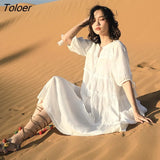 Embroidery Midi Dress V Neck Sexy Half Sleeve Vintage Vestidos Boho Summer 2023 Beach Loose Casual Clothes Women