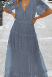 Women Off Shoulder Lace Patchwork Elegant Dress Casual Bohemian Deep V Neck Short Sleeve Loose Vestidos Summer