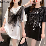 Oversized T Shirts Women Patchwork Gauze Chic Bow Tops Ladies Short Sleeve O Neck Tees Summer Loose Casual White