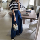 Women Clothing Korean Chic Tshirts Fashion Striped Puff Sleeve Half Zipper Tees Y2k Tops Loose Casual Vintage Summer