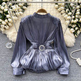 French-Style Waist-Low-Down Shirt Female Careful Machine Strap Design With A Chic Folded Lotus Leaves Hem French