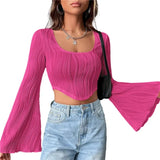 Crop Top 2000s Aesthetic Women Long Sleeve Scoop Neck Hanky Hem Solid Color Slim Fit T-Shirt y2k Clothing