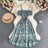 Summer Sexy Slash Neck Spaghetti Strap Midi Dress Women Casual Off Shoulder Short Sleeve Vacation Beach Robe Female