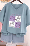 Plus Size T Shirt 100% Cotton L-5XL Tshirt Short Sleeve Women Top 2023 Summer Cartoon T Shirt V Neck Oversized T