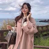 Winter 2021 Korean Handmade Double Sided Long Black 100% Sheep Wool Coat Women Loose Lacing Belt Pink Woolen