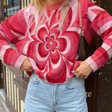Floral Print Casual Korean Green Knitted Sweater Autumn Winter Long Sleeve Ladies Jumpers Y2K Fashion Pullover