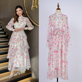 Dress Women 2025 New Fashion Collar Single Buckle Waist Lace Splicing Lotle Side Print