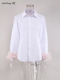 Feather Cuffs Women Stitching Furry White Shirt Elegant 2022 Patchwork Chic Blouse Vintage Loose Ladies Lapel