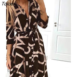 Women Elegant Shirt Dress Fashion Leetter Print Long Sleeve Button Belt Long Dresses 2023 Spring Autumn Black Ladies