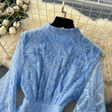 Retro Elegant Dress Woman 2025 New High-End Collar Single Buckle Waist Embroidery Mesh