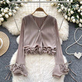Shirt Women Spring And Autumn New Three-Dimensional Lotus Edge V Collar Folded Horns Short Top