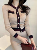 Autumn Women Office Knitted Skirt Set Long Sleeve Pockets Cardigan Tops + High Waist Mini Skirt Knitting 2 Two Pieces