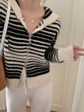 Vintage Stripe Hoodes Cardigans Double Zipper Women Chic Knitwear Autumn Ladies Cashmere Jacket Elegant Sweater