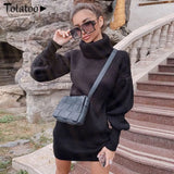Totatoop Knitted Winter Dress Big Lantern Sleeve Turtleneck Bodycon Sweater Dress 2020 Casual Solid Soft High Street