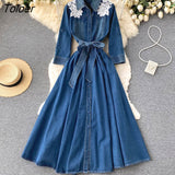 Vintage Embroidery Denim Maxi Dress Women Spring Lapel Pocket Lantern Sleeve Long Vestidos Belt Boho Beach Casual