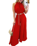Jumpsuit Women Overalls Summer Sleeveless Pleated Wide Leg Casual Halter Tied One Piece Plain Long Jumpsuit Without