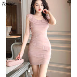 Elegant Women Dress Chic Sweet Ruffle Sheer O-Neck Sleeveless Folds Slim Mini Party Gown Femme Vestidos Sexy Mujer