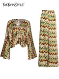 Loose Two Piece Set For Women V Neck Long Sleeve Print Top High Waist Wide Leg Pants Slim Sets Females Fashion