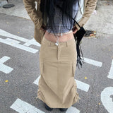 Rockmore Grunge Fairycore Maxi Skirts Women Y2K Drawstring Slit Long Skirt Aesthetic Outfits Low Waist Straight Skirt