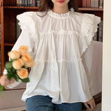 Women Shirt Vintage Loose Blouses 2023 Blusas Mujer De Moda O-neck Long Sleeve Ruffles Sweet Blouse Korean Fashion