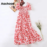 Summer Vintage Floral Printed Midi Dress Women Puff Short Sleeve Square Collar Dresses Female Elegant A Line