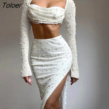 Sexy Pearl Skirt Sets Women 2023 Flare Sleeve Crop Tops and Long Split Skirts Lady Suits Party Clubwear 2 Piece Set