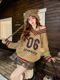 Brown V-neck Letter Print Oversize Sweater-Outfit