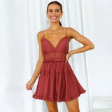 Sexy Deep V Neck Women Summer Dress White Hollow Out Sleeveless Mini Party Dress Ruffles Elegant Ladies Dress