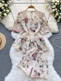 Flower Embroidery Lace Shorts Set Women Short Sleeve Hollow Out Ruffles Shirt Top+Wide Leg Shorts Summer 2 Piece