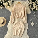 Winter OL Solid Sweater Sets Women O Neck Knitwear Top+High Waist Short Skirt Korean Casual Knitted Two Pieces