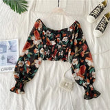 Wooden Ear Print Blouse Holiday Beach Style Slim Fit Pleat Blusas Square Collar Off Shoulder Chiffon Shirt
