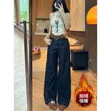 Apricot High-Waist Plus Velvet Thin Straight Jeans Women 2025 Autumn And Winter Loose Commute Wide-Legged