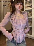 Blouses Women Square Collar Slim Waist Shirts Sweet Ruffles Drawstring Korean Blouse Crop Tops 2023 Blusas Mujer De