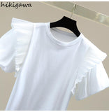 Woman Tshirts 2023 Summer Clothing Shirts for Women Patchwork Puff Sleeve O-neck Tees Tops Korean Casual Sweet
