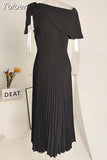 Fashion Women's Dress New Solid Color Slim Sloping Shoulders Turn-down Collar Pleated Dresses Female Summer 2023