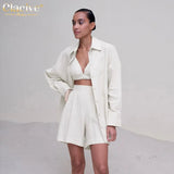 Fashion Long Sleeve Blouse + Bra Womens Three Peice Sets Casual Loose Blue Cotton High Waist Shorts Suits Female