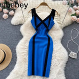 Color Striped Tight Stretchy Knit Tank Dress Elastic Slim Sheath Ladies Party Sexy Body-con Step Knit Short