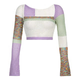 Autumn Hole Flare Sleeve Knitted Crop Top Sweater Fashion Patchwork Kawaii Jumpers Korean Winter Streetwear