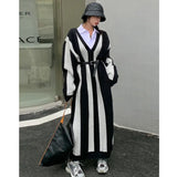 Women Striped Knitting Big Size Long Warm Dress New V-Neck Long Sleeve Loose Fit Fashion Tide Autumn Winter 2022