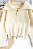 Solid Sweater Cardigan Women Sailor Collar Knitted Sweater Coats Casual Loose Zip Up Korean Fashion Knitwear Chic