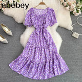 Sexy Square Collar Short Sleeve Women Midi Dress Beach Vacation Party Robe Female Elegant High Waist