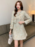 New Autumn Small Fragrance Tweed 2 Piece Set Women Elegant Short Jacket Coat + Mini Tank Tassel Wool Blend Dress