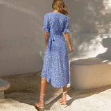 Graduation Party Gift French Print Lace-up Dress Woman Deep V-Neck Short Sleeve Mid-Calf A-Line Dress Summer Prairie