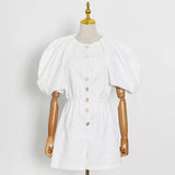 White Elastic Waist Jumpsuit For Women Round Neck Puff Sleeve Rise Waist Casual Jumpsuits Female Fashion New