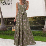 2022 Women Summer Dress Sexy Sleeveless Floral Print Belted Long Dress Casual Loose Party A Line Oversize Sundress