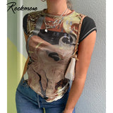 Rockmore Vintage Print Top Women Short Sleeve T-shirt Grunge Casual Basic Tee Aesthetic Streetwear E Girl O Neck T Shirt