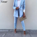 Fall Turn Down Collar Long Sleeve Double-breasted Blazer Suit Pants Two Piece Set Outfits Elegant OL Office Ladies