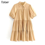Women Solid Turn-down Collar A-line Ins Chic Kawaii Ins Above Knee Simple Student Female Vestidos Loose Casual