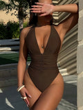 Toloer Swimwear Sexy Brown Deep V Bikini D651Q-Outfit